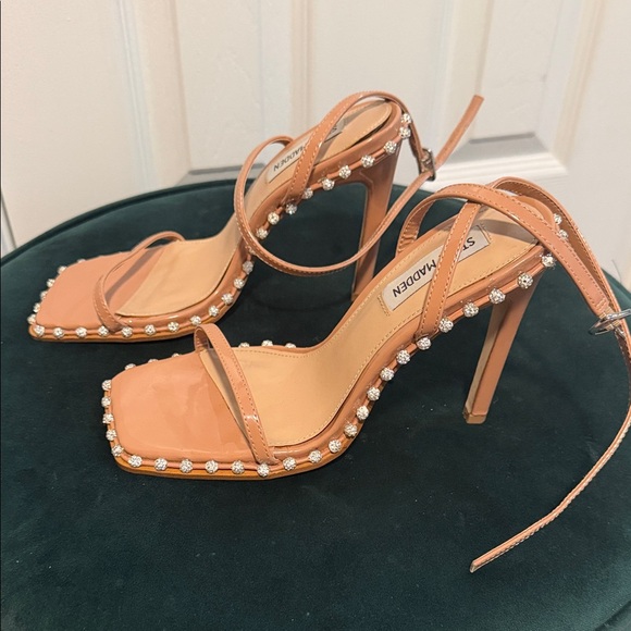 Steve Madden Tan Patent Strappy Heels with Crystal Trim - Picture 2 of 4